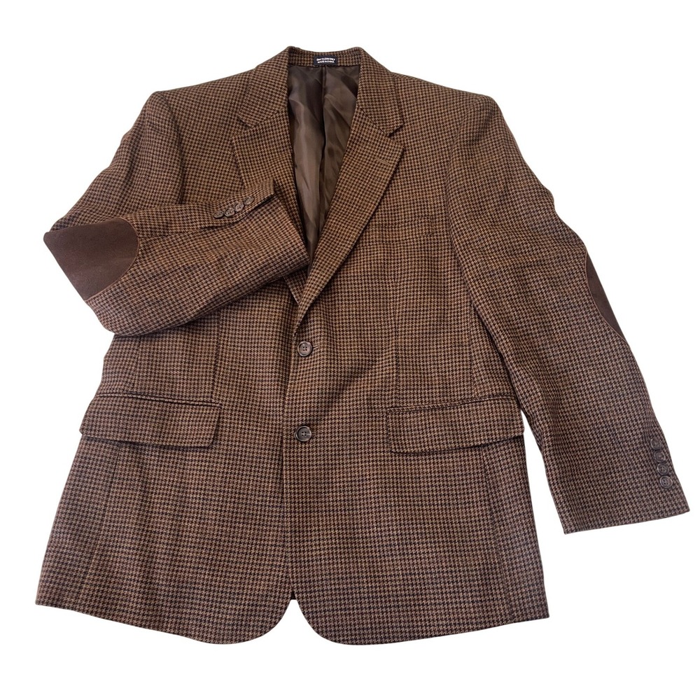 Mens 40 Short 100% Lambswool Houndstooth Blazer Brown Elbow Patches Sport Coat